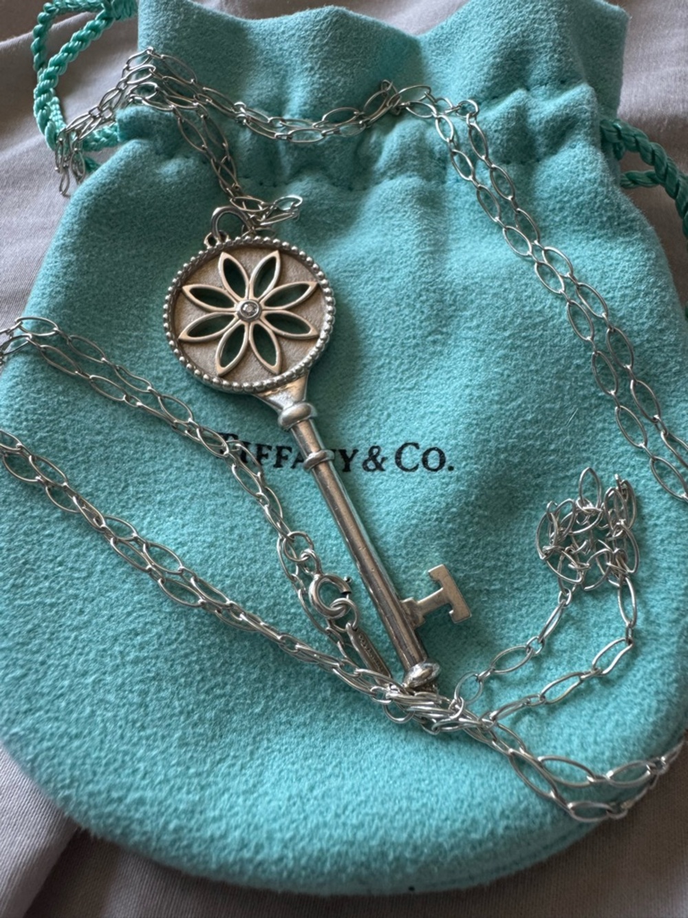 Tiffany&Co Daisy Silver 925 Key with Brilliant Diamond Daisy Silver Long chain